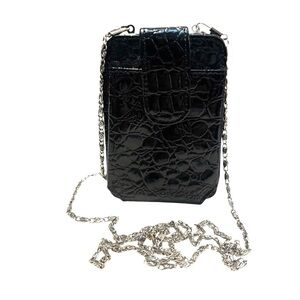 Vintage Crossbody Bag / Wallet Black Croc-Embossed Faux Patent Silver Chain